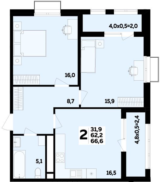 Фото №1: 2-комнатная квартира 66&nbsp;м², 8/16&nbsp;эт. - Яблоновский, мкр. ЖК Мегасити