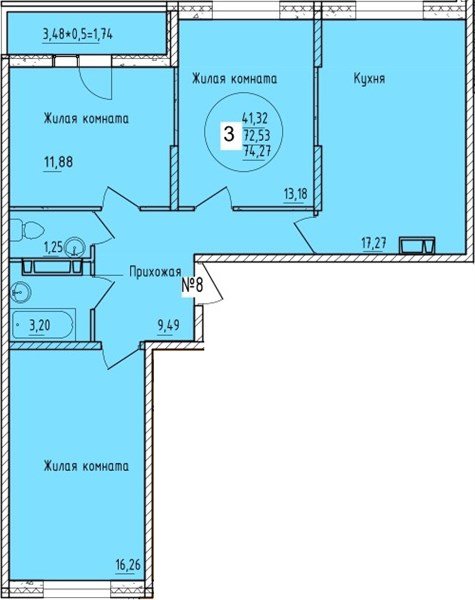 Фото №1: 3-комнатная квартира 74&nbsp;м², 19/19&nbsp;эт. - Краснодар, мкр. Карасунский внутригородской округ