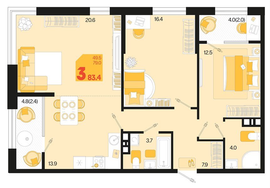 Фото №1: 2-комнатная квартира 87&nbsp;м², 9/18&nbsp;эт. - Краснодар, Карасунский внутригородской округ, мкр. ЖК Первое Место