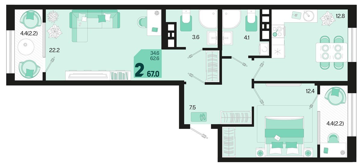 Фото №1: 2-комнатная квартира 71&nbsp;м², 9/18&nbsp;эт. - Краснодар, Карасунский внутригородской округ, мкр. ЖК Первое Место