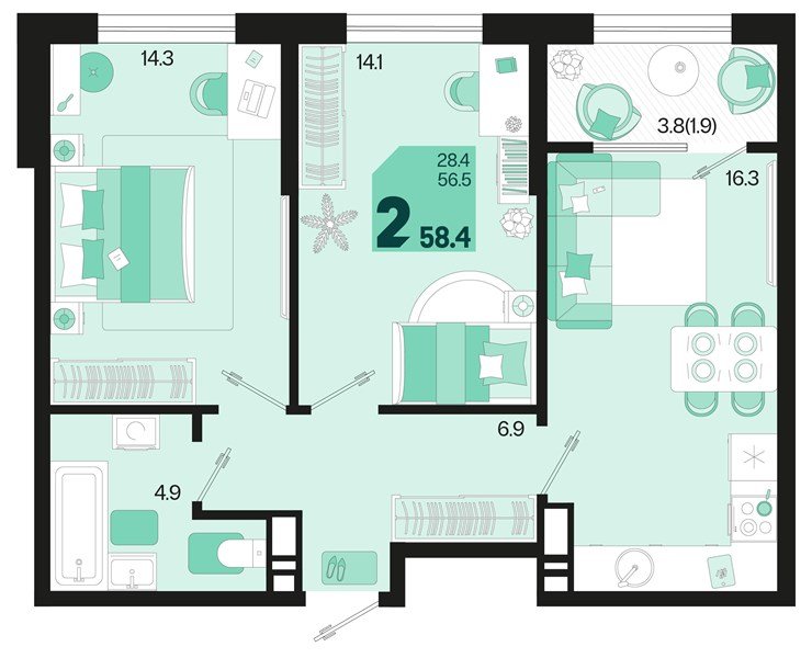 Фото №1: 2-комнатная квартира 60&nbsp;м², 18/18&nbsp;эт. - Краснодар, Карасунский внутригородской округ, мкр. ЖК Первое Место