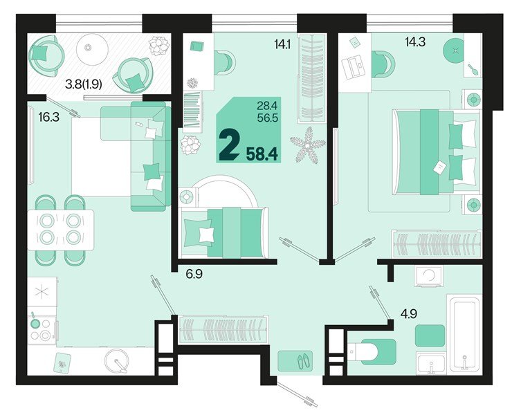 Фото №1: 2-комнатная квартира 60&nbsp;м², 18/18&nbsp;эт. - Краснодар, Карасунский внутригородской округ, мкр. ЖК Первое Место