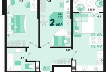 Фото №1: 2-комнатная квартира 60 м², 18/18 эт. - Краснодар, мкр. ЖК Первое Место,