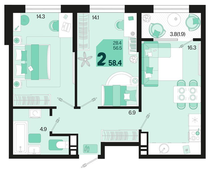 Фото №1: 2-комнатная квартира 60&nbsp;м², 18/18&nbsp;эт. - Краснодар, Карасунский внутригородской округ, мкр. ЖК Первое Место