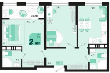 Фото №1: 2-комнатная квартира 62 м², 18/18 эт. - Краснодар, мкр. ЖК Первое Место,