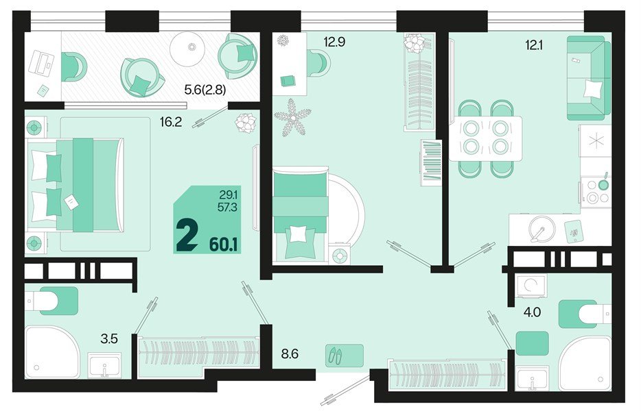 Фото №1: 2-комнатная квартира 62&nbsp;м², 18/18&nbsp;эт. - Краснодар, Карасунский внутригородской округ, мкр. ЖК Первое Место