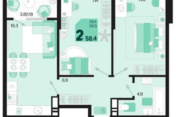 Фото №1: 2-комнатная квартира 60 м², 18/18 эт. - Краснодар, мкр. ЖК Первое Место,