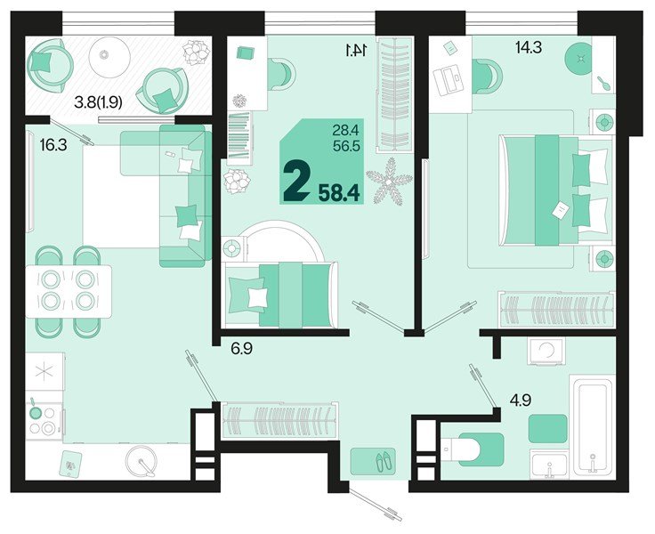 Фото №1: 2-комнатная квартира 60&nbsp;м², 18/18&nbsp;эт. - Краснодар, Карасунский внутригородской округ, мкр. ЖК Первое Место