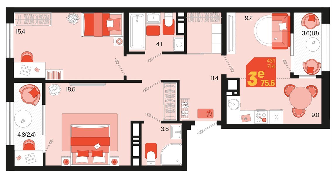 Фото №1: 2-комнатная квартира 79&nbsp;м², 9/18&nbsp;эт. - Краснодар, Карасунский внутригородской округ, мкр. ЖК Первое Место