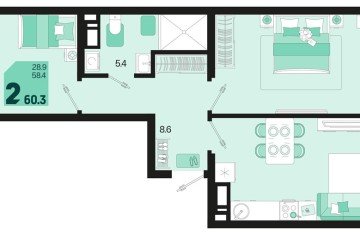 Фото №1: 2-комнатная квартира 62 м², 9/18 эт. - Краснодар, мкр. ЖК Первое Место, ул. Виктора Казанцева, 1.2лит2