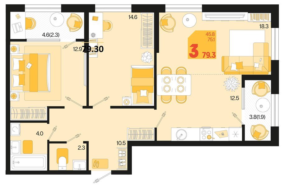 Фото №1: 2-комнатная квартира 83&nbsp;м², 2/18&nbsp;эт. - Краснодар, Карасунский внутригородской округ, мкр. ЖК Первое Место, ул. Виктора Казанцева, 1.2лит2