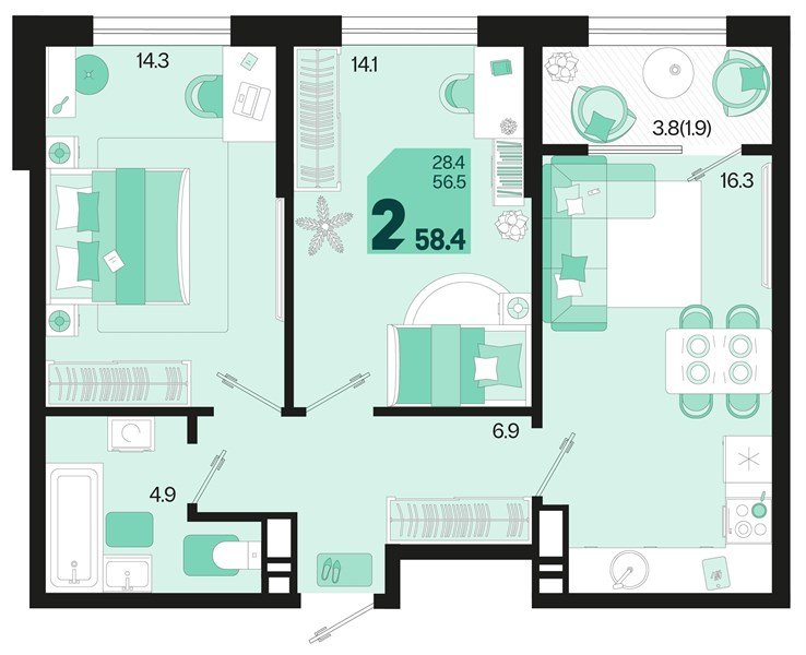 Фото №1: 2-комнатная квартира 60&nbsp;м², 18/18&nbsp;эт. - Краснодар, Карасунский внутригородской округ, мкр. ЖК Первое Место, ул. Виктора Казанцева, 1.2лит2