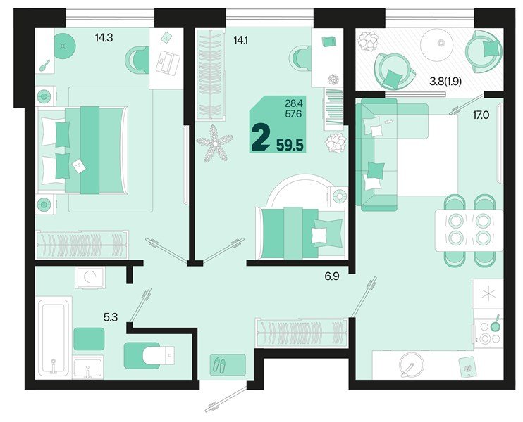 Фото №1: 2-комнатная квартира 61&nbsp;м², 2/18&nbsp;эт. - Краснодар, Карасунский внутригородской округ, мкр. ЖК Первое Место, ул. Виктора Казанцева, 1.2лит2