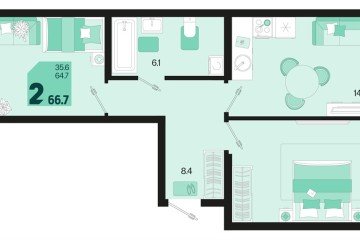 Фото №1: 2-комнатная квартира 68 м², 2/18 эт. - Краснодар, мкр. ЖК Первое Место, ул. Виктора Казанцева, 1.2лит2