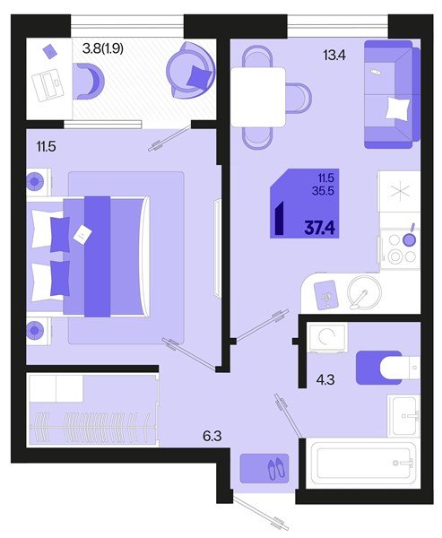 Фото №1: 1-комнатная квартира 39&nbsp;м², 2/18&nbsp;эт. - Краснодар, Карасунский внутригородской округ, мкр. ЖК Первое Место, ул. Виктора Казанцева, 1.2лит2