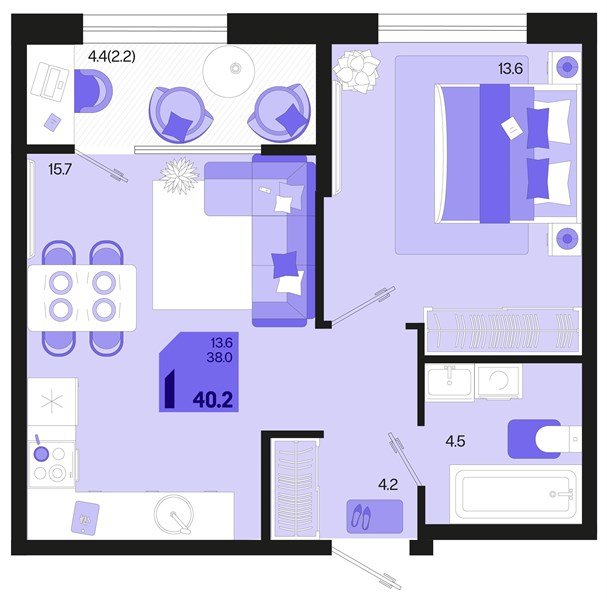 Фото №1: 1-комнатная квартира 42&nbsp;м², 2/18&nbsp;эт. - Краснодар, Карасунский внутригородской округ, мкр. ЖК Первое Место, ул. Виктора Казанцева, 1.2лит2