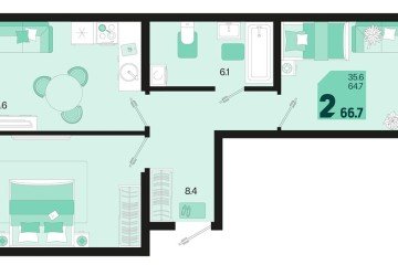 Фото №1: 2-комнатная квартира 68 м², 2/18 эт. - Краснодар, мкр. ЖК Первое Место, ул. Виктора Казанцева, 1.2лит2