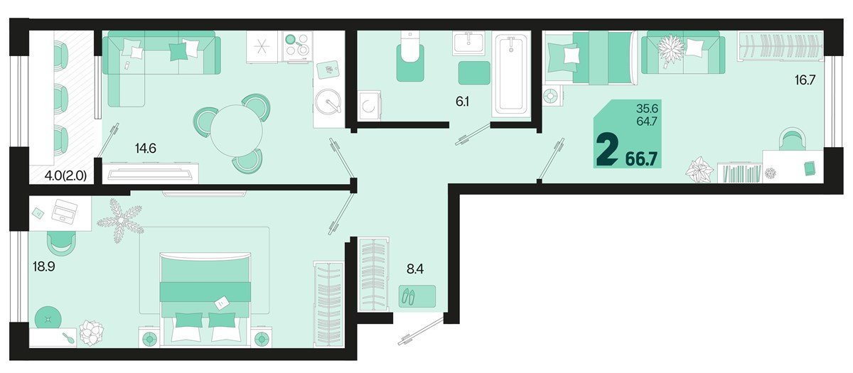 Фото №1: 2-комнатная квартира 68&nbsp;м², 2/18&nbsp;эт. - Краснодар, Карасунский внутригородской округ, мкр. ЖК Первое Место, ул. Виктора Казанцева, 1.2лит2