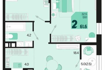 Фото №1: 2-комнатная квартира 64 м², 9/18 эт. - Краснодар, мкр. ЖК Первое Место, ул. Виктора Казанцева, 1.2лит2