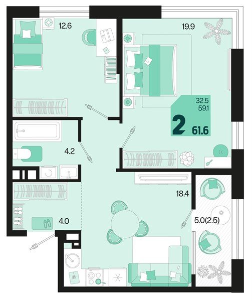 Фото №1: 2-комнатная квартира 64&nbsp;м², 9/18&nbsp;эт. - Краснодар, Карасунский внутригородской округ, мкр. ЖК Первое Место, ул. Виктора Казанцева, 1.2лит2