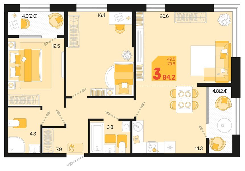 Фото №1: 2-комнатная квартира 88&nbsp;м², 2/18&nbsp;эт. - Краснодар, Карасунский внутригородской округ, мкр. ЖК Первое Место, ул. Виктора Казанцева, 1.2лит2