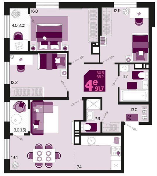 Фото №1: 3-комнатная квартира 95&nbsp;м², 18/18&nbsp;эт. - Краснодар, мкр. Карасунский внутригородской округ, ул. Виктора Казанцева