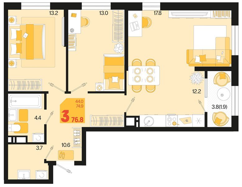 Фото №1: 2-комнатная квартира 78&nbsp;м², 18/18&nbsp;эт. - Краснодар, мкр. Карасунский внутригородской округ, ул. Виктора Казанцева
