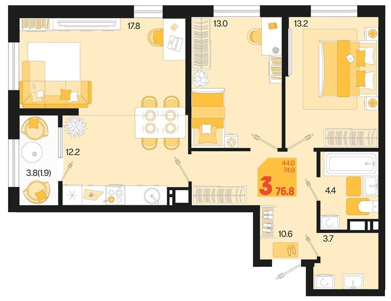 Фото №1: 2-комнатная квартира 78&nbsp;м², 18/18&nbsp;эт. - Краснодар, мкр. Карасунский внутригородской округ, ул. Виктора Казанцева