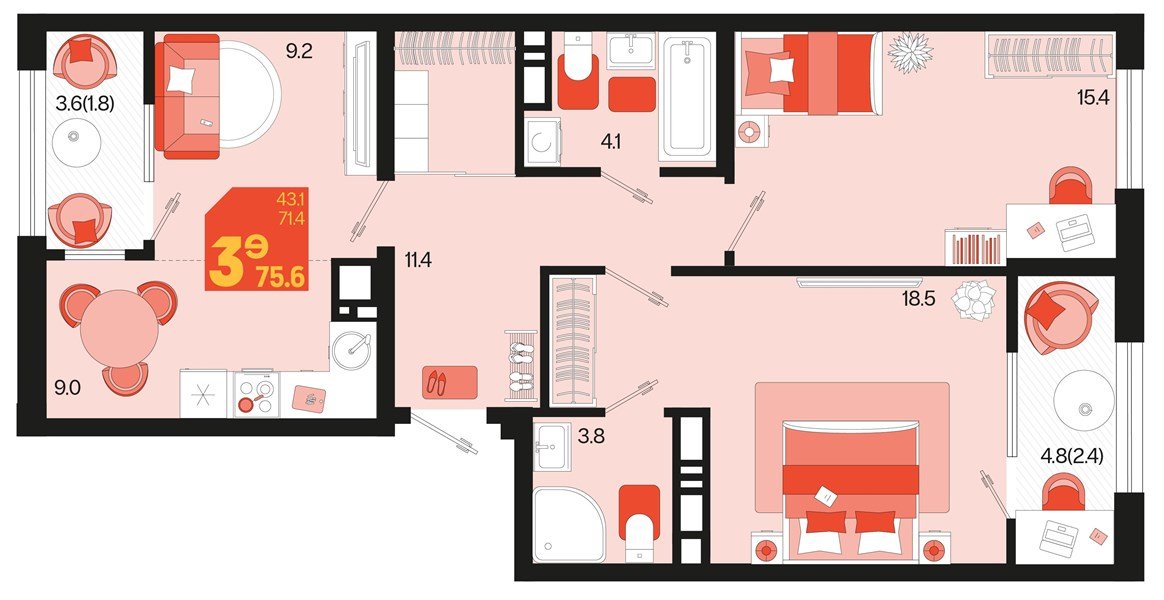Фото №1: 2-комнатная квартира 79&nbsp;м², 9/18&nbsp;эт. - Краснодар, Карасунский внутригородской округ, мкр. ЖК Первое Место, ул. Виктора Казанцева, 1.2лит1