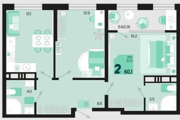 Фото №1: 2-комнатная квартира 62 м², 18/18 эт. - Краснодар, мкр. ЖК Первое Место, ул. Виктора Казанцева, 1.2лит1