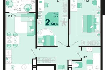 Фото №1: 2-комнатная квартира 60 м², 18/18 эт. - Краснодар, мкр. ЖК Первое Место, ул. Виктора Казанцева, 1.2лит1
