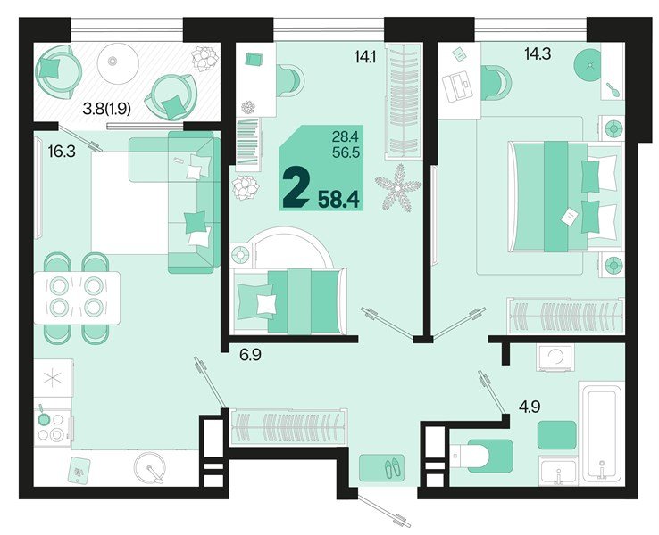 Фото №1: 2-комнатная квартира 60&nbsp;м², 18/18&nbsp;эт. - Краснодар, Карасунский внутригородской округ, мкр. ЖК Первое Место, ул. Виктора Казанцева, 1.2лит1
