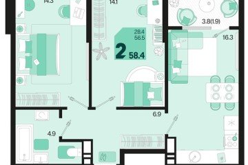 Фото №1: 2-комнатная квартира 60 м², 18/18 эт. - Краснодар, мкр. ЖК Первое Место, ул. Виктора Казанцева, 1.2лит1