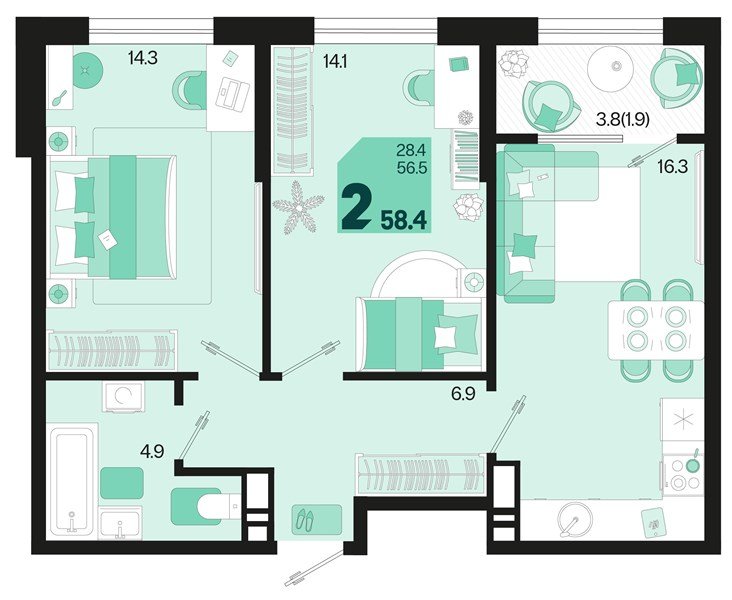 Фото №1: 2-комнатная квартира 60&nbsp;м², 18/18&nbsp;эт. - Краснодар, Карасунский внутригородской округ, мкр. ЖК Первое Место, ул. Виктора Казанцева, 1.2лит1