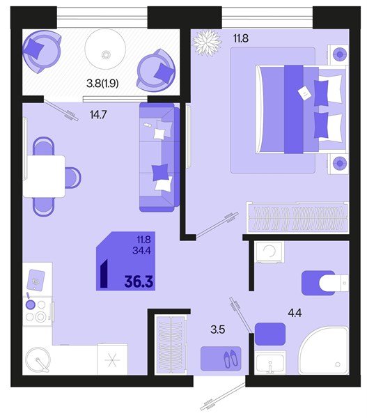 Фото №1: 1-комнатная квартира 38&nbsp;м², 2/18&nbsp;эт. - Краснодар, Карасунский внутригородской округ, мкр. ЖК Первое Место, ул. Виктора Казанцева, 1.3лит1