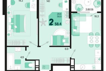 Фото №1: 2-комнатная квартира 60 м², 18/18 эт. - Краснодар, мкр. ЖК Первое Место, ул. Виктора Казанцева, 1.3лит1