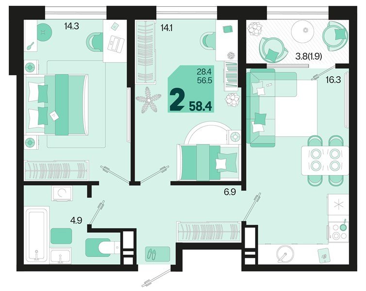 Фото №1: 2-комнатная квартира 60&nbsp;м², 18/18&nbsp;эт. - Краснодар, Карасунский внутригородской округ, мкр. ЖК Первое Место, ул. Виктора Казанцева, 1.3лит1