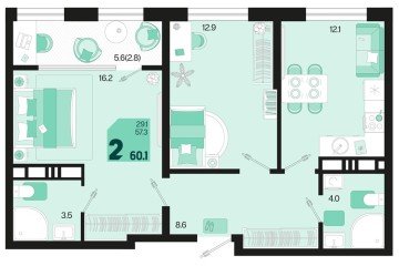 Фото №1: 2-комнатная квартира 62 м², 18/18 эт. - Краснодар, мкр. ЖК Первое Место, ул. Виктора Казанцева, 1.3лит1
