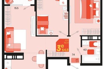 Фото №1: 2-комнатная квартира 66 м², 18/18 эт. - Краснодар, мкр. ЖК Первое Место, ул. Виктора Казанцева, 1.3лит1