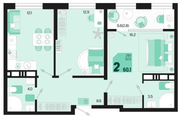Фото №1: 2-комнатная квартира 62 м², 18/18 эт. - Краснодар, мкр. ЖК Первое Место, ул. Виктора Казанцева, 1.3лит1
