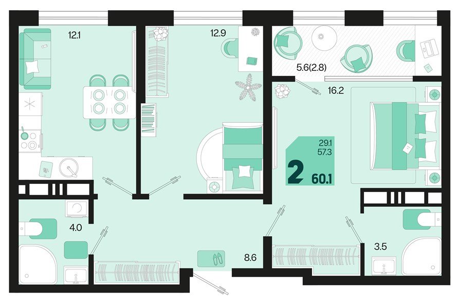 Фото №1: 2-комнатная квартира 62&nbsp;м², 18/18&nbsp;эт. - Краснодар, Карасунский внутригородской округ, мкр. ЖК Первое Место, ул. Виктора Казанцева, 1.3лит1