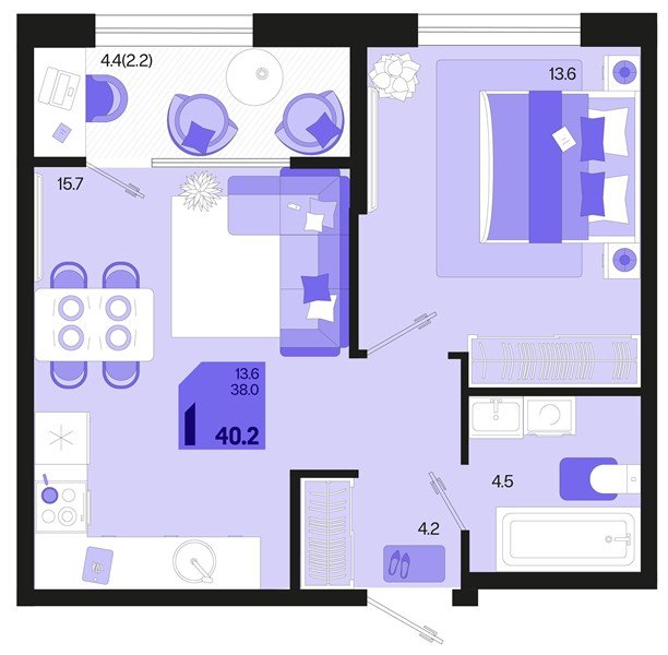 Фото №1: 1-комнатная квартира 42&nbsp;м², 2/18&nbsp;эт. - Краснодар, Карасунский внутригородской округ, мкр. ЖК Первое Место, ул. Виктора Казанцева, 1.3лит1