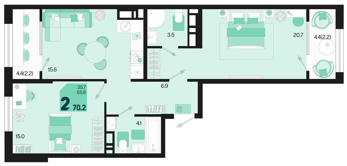 Фото №1: 2-комнатная квартира 74&nbsp;м², 18/18&nbsp;эт. - Краснодар, Карасунский внутригородской округ, мкр. ЖК Первое Место, ул. Виктора Казанцева, 1.3лит1