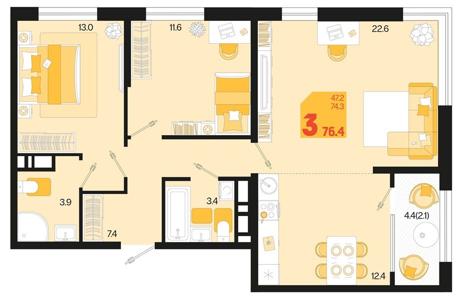 Фото №1: 3-комнатная квартира 78&nbsp;м², 18/18&nbsp;эт. - Краснодар, Карасунский внутригородской округ, мкр. ЖК Первое Место, ул. Виктора Казанцева, 1.3лит1
