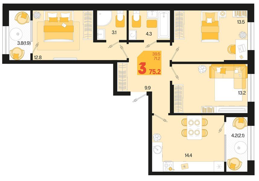 Фото №1: 3-комнатная квартира 79&nbsp;м², 2/18&nbsp;эт. - Краснодар, Карасунский внутригородской округ, мкр. ЖК Первое Место, ул. Виктора Казанцева, 1.3лит1