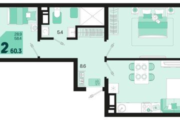 Фото №1: 2-комнатная квартира 62 м², 9/18 эт. - Краснодар, мкр. ЖК Первое Место, ул. Виктора Казанцева, 1.3лит2