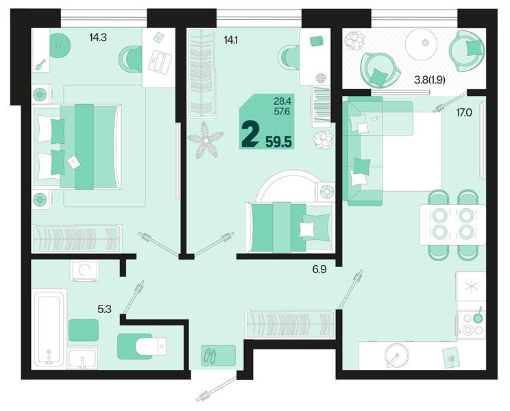 Фото №1: 2-комнатная квартира 61&nbsp;м², 2/18&nbsp;эт. - Краснодар, Карасунский внутригородской округ, мкр. ЖК Первое Место, ул. Виктора Казанцева, 1.3лит2