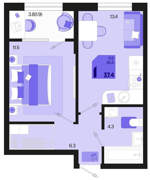 Фото №1: 1-комнатная квартира 39&nbsp;м², 2/18&nbsp;эт. - Краснодар, Карасунский внутригородской округ, мкр. ЖК Первое Место, ул. Виктора Казанцева, 1.3лит2