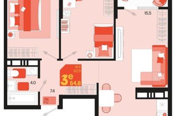 Фото №1: 2-комнатная квартира 66 м², 18/18 эт. - Краснодар, мкр. ЖК Первое Место, ул. Виктора Казанцева, 1.3лит2