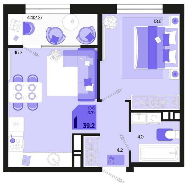 Фото №1: 1-комнатная квартира 41&nbsp;м², 18/18&nbsp;эт. - Краснодар, Карасунский внутригородской округ, мкр. ЖК Первое Место, ул. Виктора Казанцева, 1.3лит2